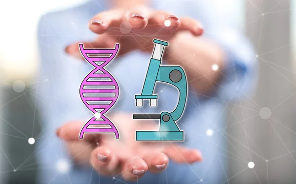 Dna Technologie Concept Tussen Handen Van Een Vrouw Achtergrond — Stockfoto