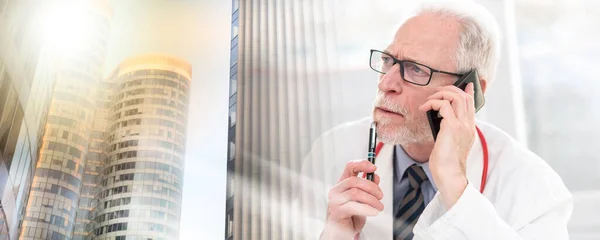 Senior doctor talking on mobile phone in medical office; multiple exposure