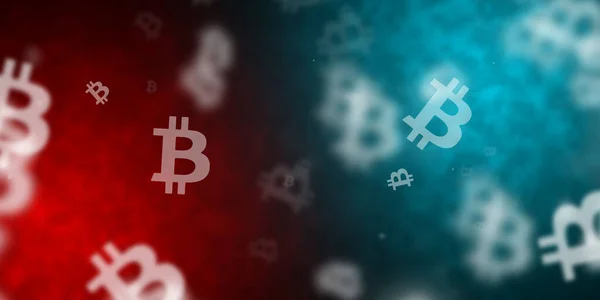 Voler Logos Bitcoin Sur Fond Rouge Bleu Clair — Photo