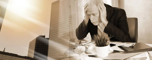 Overworked Senior Businessman Sitting Messy Desk Multiple Exposure — Stock Photo, Image