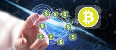 Kadın dokunmatik ekranda bitcoin konseptine parmağıyla dokunuyor.