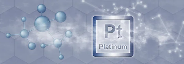 Pt符号 灰色背景下具有分子和网络的铂化学元素 — 图库照片