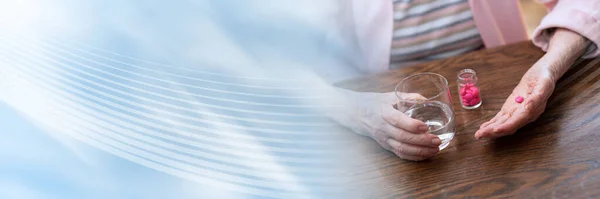 Elderly Woman Taking Her Medicine Home Panoramic Banner — Stock Photo, Image