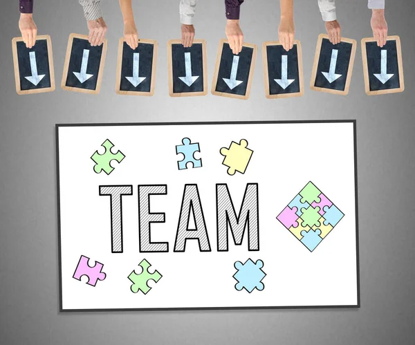 Handen Met Schrijfleien Met Pijlen Gericht Teamconcept — Stockfoto