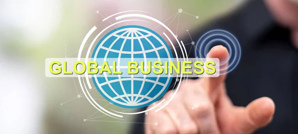 Man Touching Global Business Concept Touch Screen His Finger — Stock Photo, Image