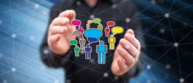 Arka planda bir adamın elleri arasındaki iletişim konsepti