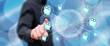 Adam dokunmatik ekranda yapay zeka kavramına parmağıyla dokunuyor.