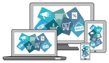 Farklı cihazlarda indirimli konsept, beyazda izole.