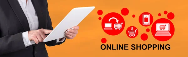 Kvinna Med Hjälp Digital Tablett Med Online Shopping Koncept Bakgrunden — Stockfoto