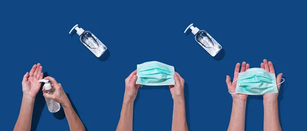 Händerna Håller Ansiktsmask Och Använda Desinfektionsmedel Flaska Dispenser För Coronavirus — Stockfoto