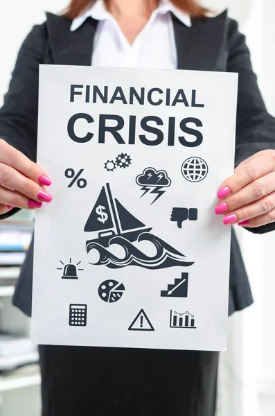 Papier Mit Finanzkrisenkonzept Einer Geschäftsfrau — Stockfoto