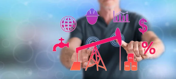 Человек Трогает Концепцию Opec Сенсорном Экране Пальцами — стоковое фото