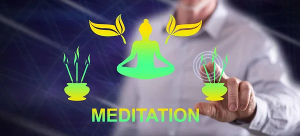 Mann Berührt Mit Dem Finger Ein Meditationskonzept Auf Einem Touchscreen — Stockfoto