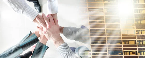 Lavoro Squadra Mani Vista Dall Alto Esposizione Multipla — Foto Stock