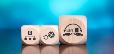 Mavi arka planda satın alma konsepti sembolü olan tahta bloklar