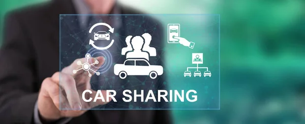 Mann Berührt Carsharing Konzept Mit Dem Finger Auf Touchscreen — Stockfoto