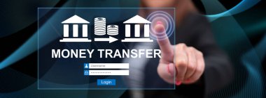 Kadın dokunmatik ekranda para transferi konseptine parmağıyla dokunuyor.