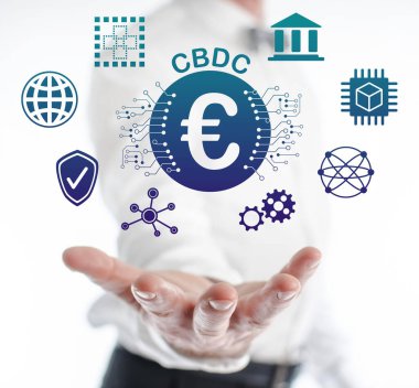 Cbdc kavramı bir adamın elinin üzerinde uçuyor.