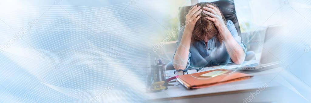 Portrait of overworked businesswoman sitting in office, light effect; panoramic banner