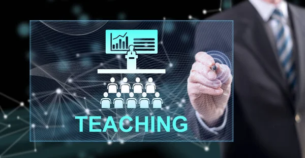 Man Touching Teaching Concept Touch Screen Stylus Pen — Stockfoto