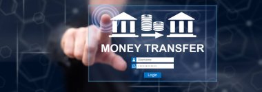 Adam dokunmatik ekranda para transferi konseptine parmağıyla dokunuyor.