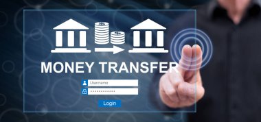 Adam dokunmatik ekranda para transferi konseptine parmaklarıyla dokunuyor.