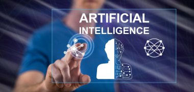 Adam dokunmatik ekranda yapay zeka kavramına parmağıyla dokunuyor.