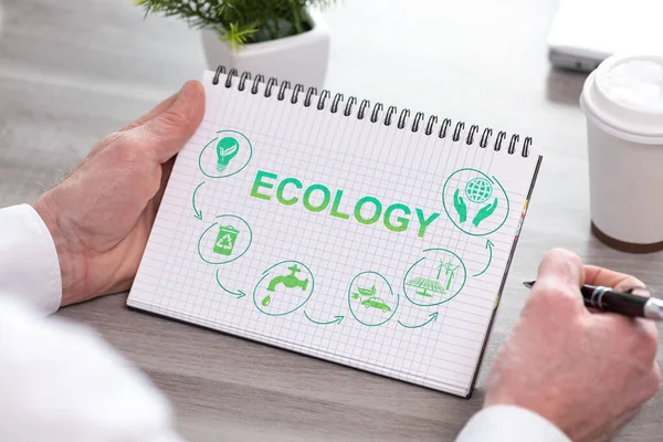 Hand holding a notepad with ecology concept