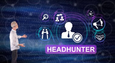 Businessman showing a recruitment concept on a wall screen