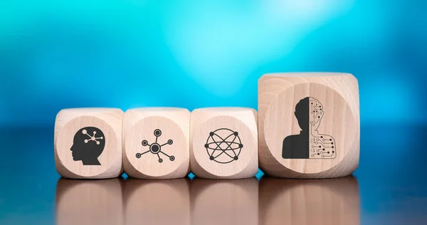 Houten Blokken Met Symbool Van Kunstmatige Intelligentie Concept Blauwe Achtergrond — Stockfoto