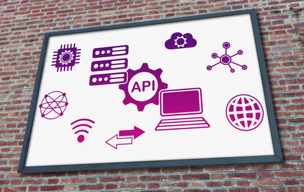 Api concept drawn on a billboard fixed on a brick wall