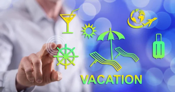 Man Touching Vacation Concept Touch Screen His Finger — Stock Photo, Image