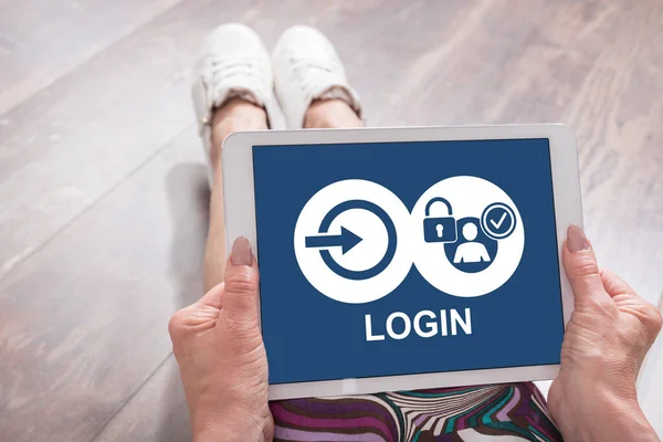 Woman Sitting Floor Tablet Showing Login Concept — Stock Photo, Image