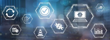 Bulanık koyu arkaplanda simgeleri olan sistem bakımı kavramı