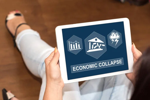 Tablet screen displaying an economic collapse concept