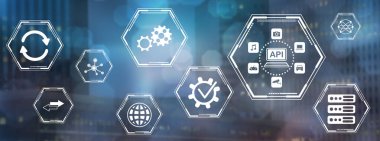 Bulanık koyu arkaplanda simgeleri olan api kavramı