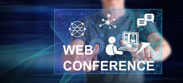 Man touching a web conference concept on a touch screen with his fingers