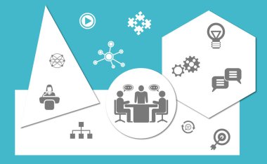 Geometrik şekiller arka planında simgeleri olan atölye kavramı