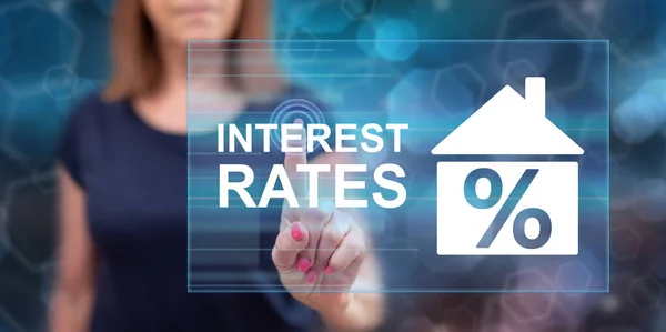 Woman Touching Interest Rates Concept Touch Screen Her Finger — Stock Photo, Image