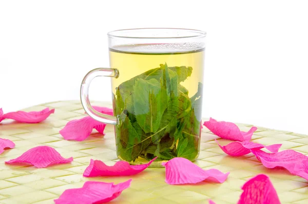 Cup of mint tea surrounded with pink petals on a green place mat — Stock Photo, Image