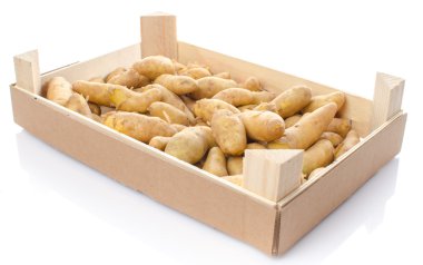 New rattes potatoes in a wooden crate clipart
