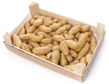 New rattes potatoes in a wooden crate clipart