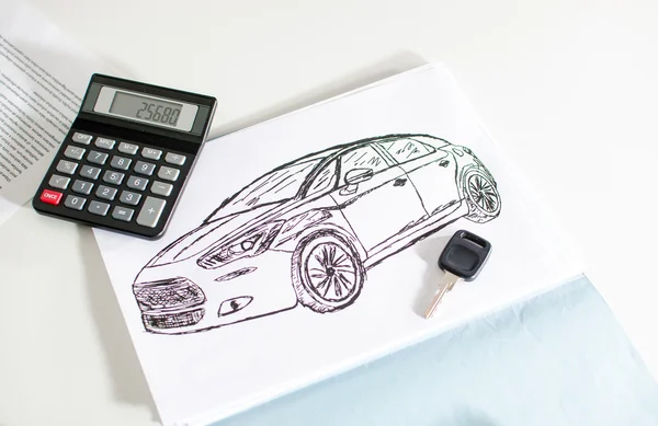 Car design, key and calculator — Stock Photo, Image