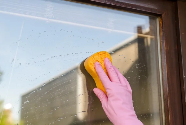 Behandskade hand rengöring fönster — Stockfoto