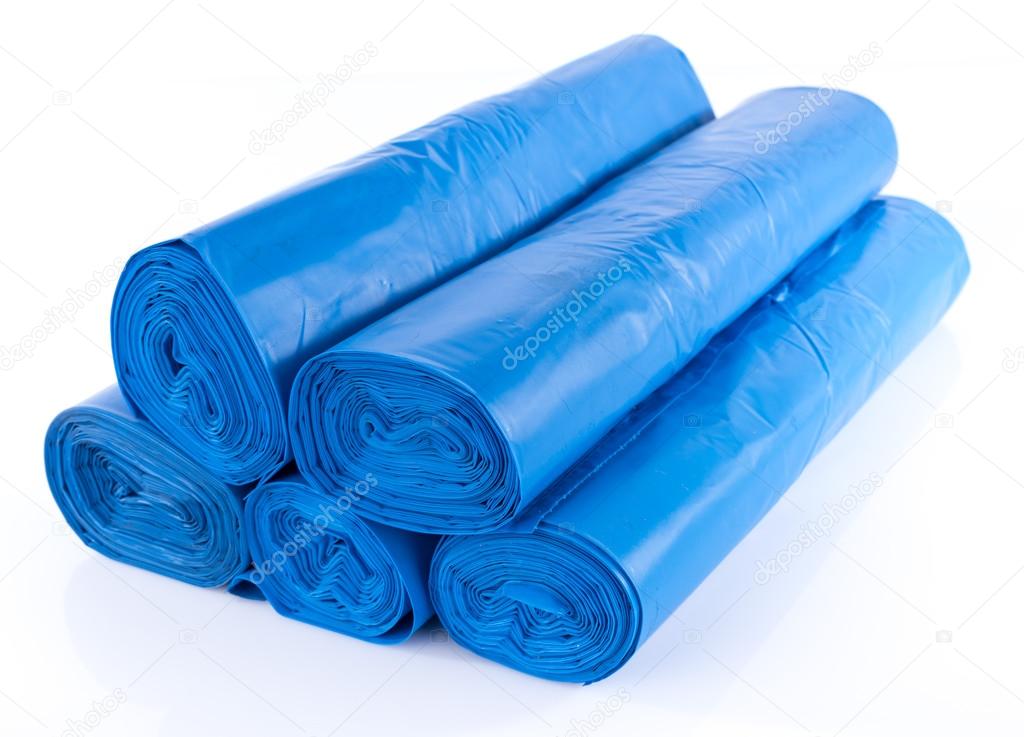 Stack of blue garbage bags