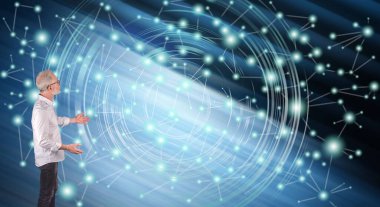 Sanal ağ duvar ekranda gösterilen işadamı