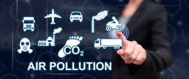 Hava kirliliği kavramına dokunan kadın dokunmatik ekranda parmaklarıyla