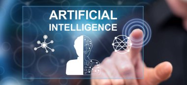 Adam dokunmatik ekranda yapay zeka kavramına parmağıyla dokunuyor.