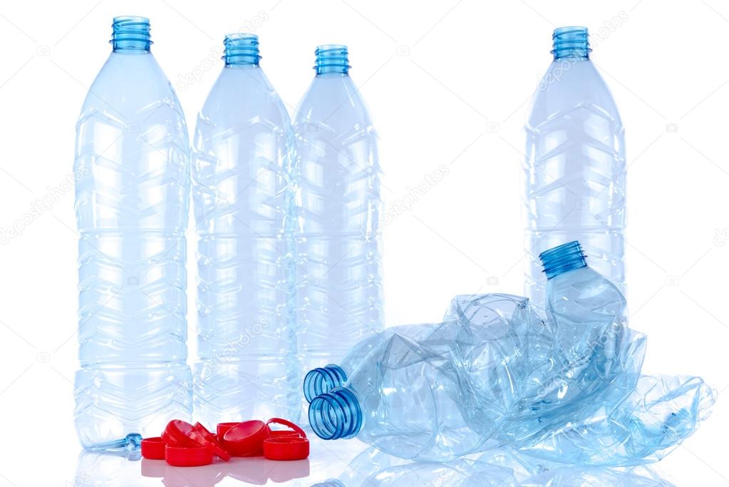 Whole and crushed plastic bottles