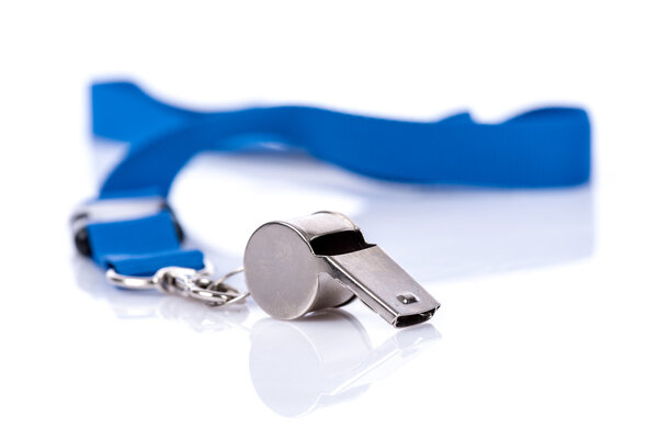 Metal whistle with blue lanyard